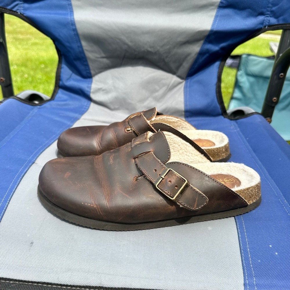 White Mountain Footbeds Brown Leather Faux Shearling Lined Clog Mules 9 Buckle